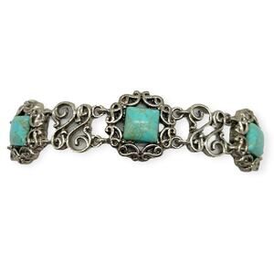 Balinese Silver Bracelet Turquoise Square Filigree Semi Precious Stone Howlite